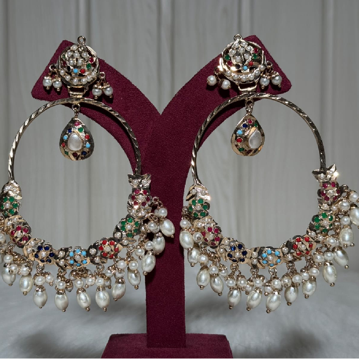 Multicolour Kundan Pearl Chandbali Earrings with Jhumka Drops