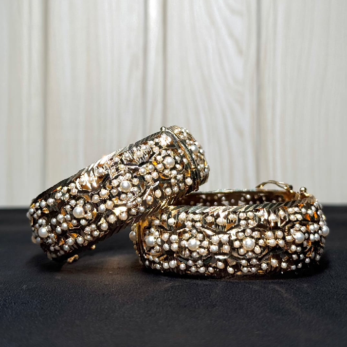 Classic Pearl Jadau Bangles | Handcrafted Traditional Gold-Tone Kada Set
