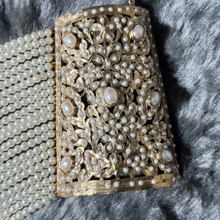 Elegant Pearl Beaded Clutch with Gold Embellished Frame