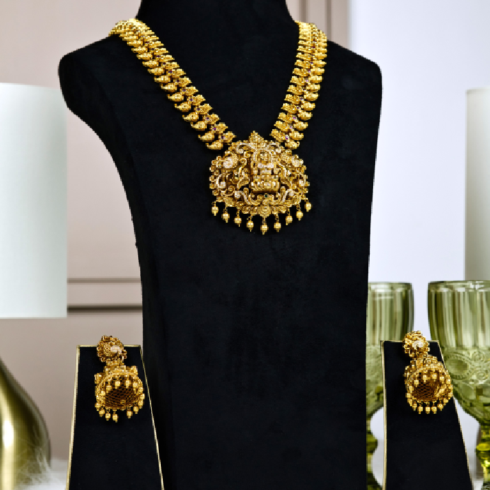 Antique Gold Temple Jewelry Set with Goddess Lakshmi Motif