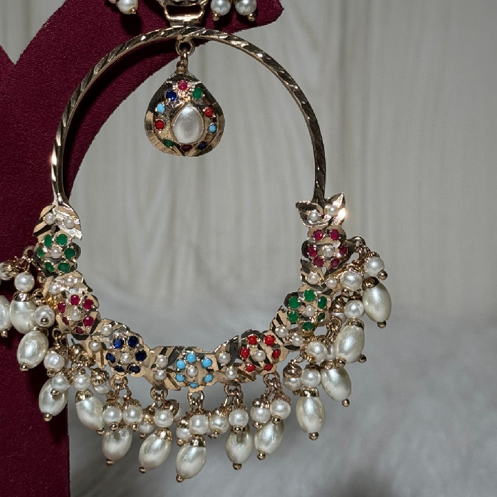 Multicolour Kundan Pearl Chandbali Earrings with Jhumka Drops