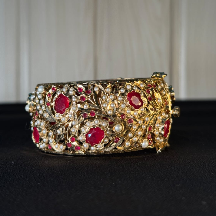 Royal Ruby Pearl Jadau Bangle | Handcrafted Gold-Tone Bridal Polki Kada