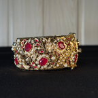 Royal Ruby Pearl Jadau Bangle | Handcrafted Gold-Tone Bridal Polki Kada