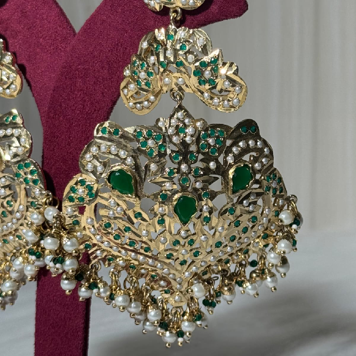 Emerald Green Kundan Chandbali Earrings with Pearl Drops