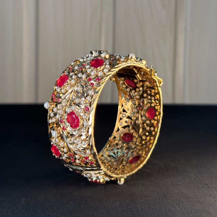 Royal Ruby Pearl Jadau Bangle | Handcrafted Gold-Tone Bridal Polki Kada