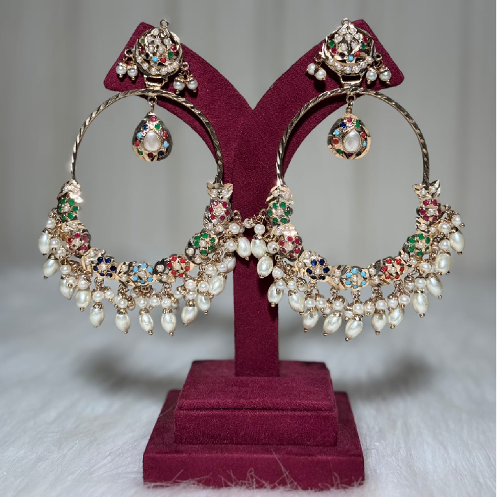 Multicolour Kundan Pearl Chandbali Earrings with Jhumka Drops