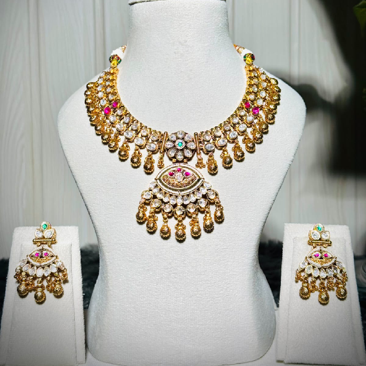 Heritage Polki Kundan Bridal Necklace Set with Drop Pendant