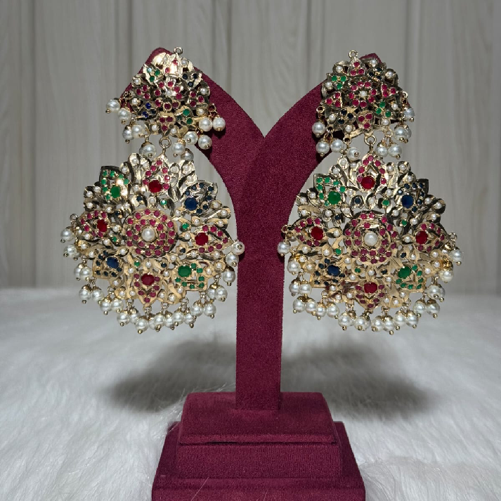 Royal Kundan Statement Earrings with Multicolor Stones and Pearl Drops