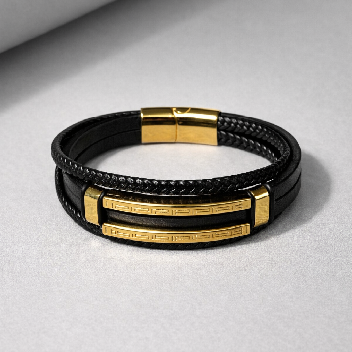 Dual Bar Black Leather Men's Bracelet