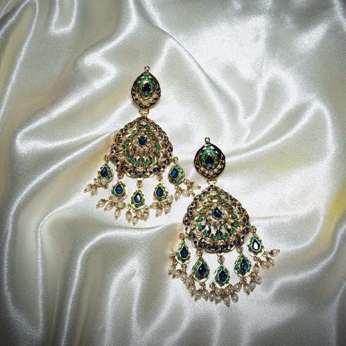 Royal Kundan Chandbali Earrings with Emerald & Blue Stones and Pearl Drops