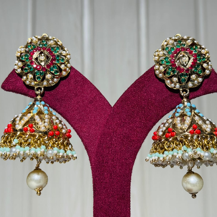 Multicolour Kundan Jhumka Earrings with Pearl Drop