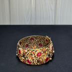 Royal Ruby Pearl Jadau Bangle | Handcrafted Gold-Tone Bridal Polki Kada