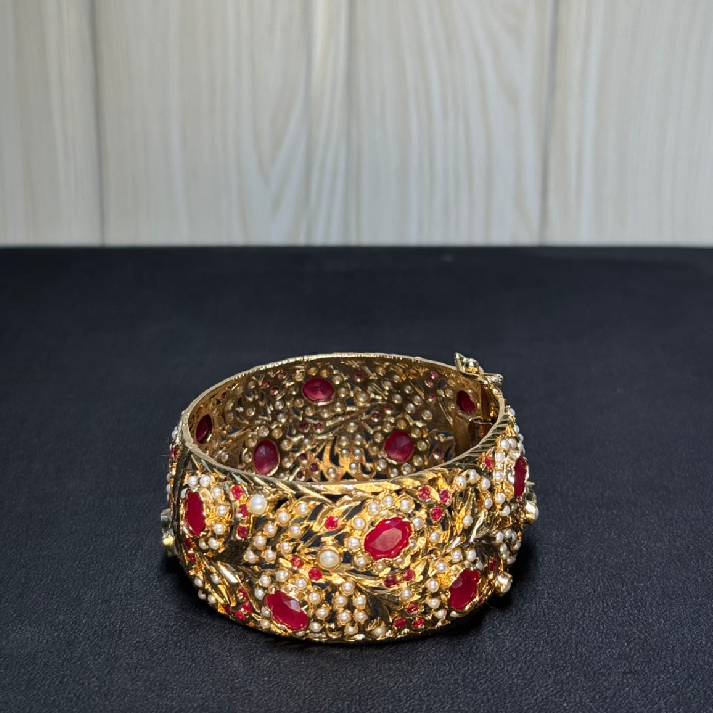 Royal Ruby Pearl Jadau Bangle | Handcrafted Gold-Tone Bridal Polki Kada