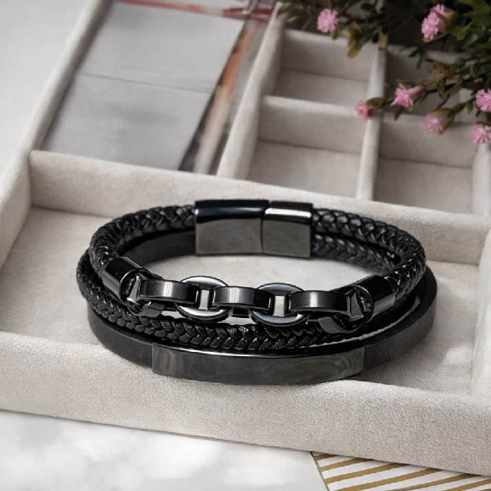 Black Layered Leather & Steel Bracelet Set