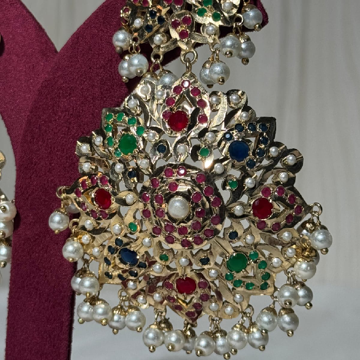 Royal Kundan Statement Earrings with Multicolor Stones and Pearl Drops