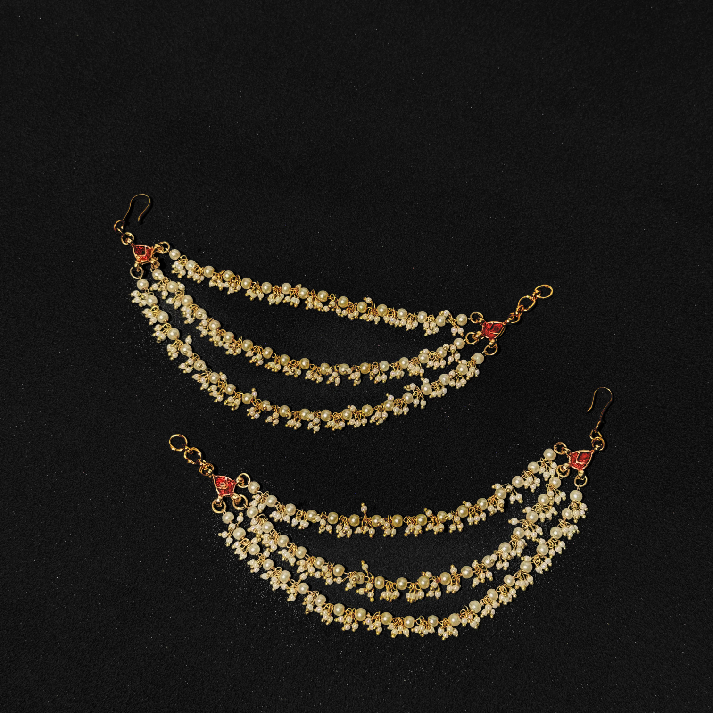 Elegant Three-Layer Pearl Ear Chains (Kaanchain) – Traditional Bridal & Festive Jewellery