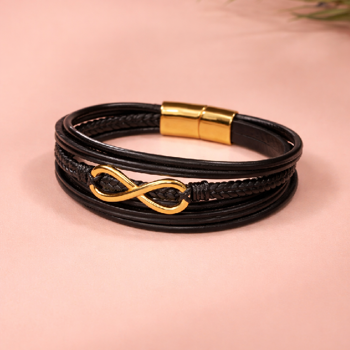Infinity Charm Black Leather Men's Bracelet