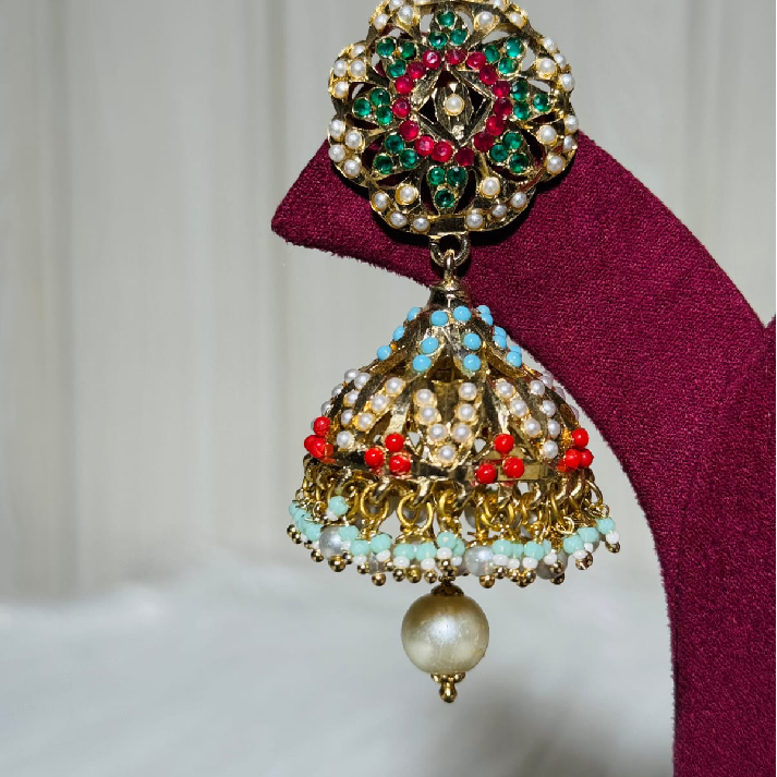 Multicolour Kundan Jhumka Earrings with Pearl Drop