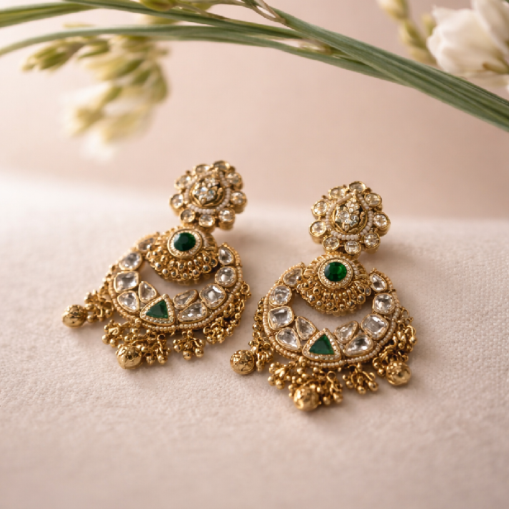 Emerald Polki Chandbali Earrings