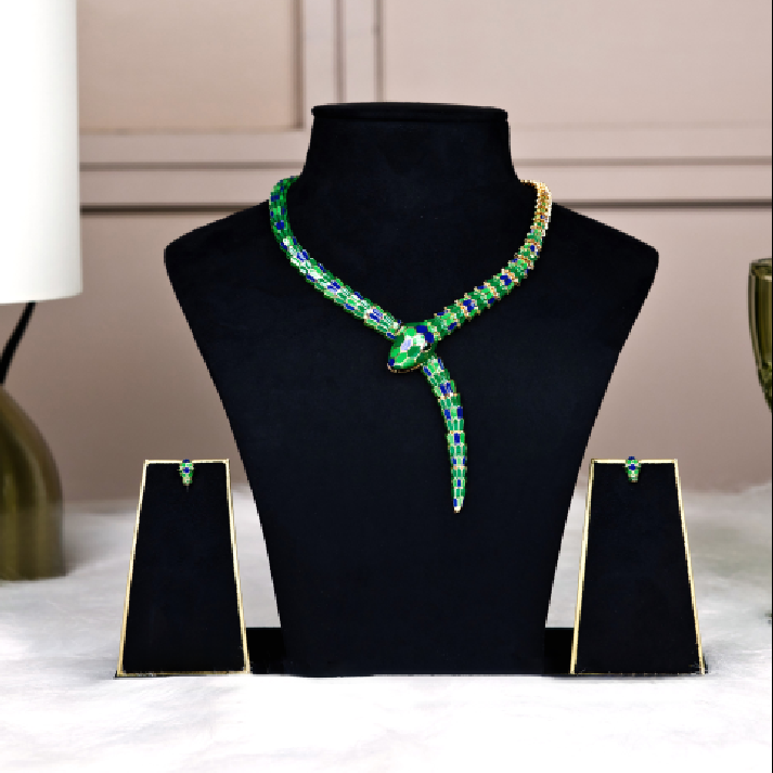 Blue and Green Enameled Snake Necklace & Earring Set