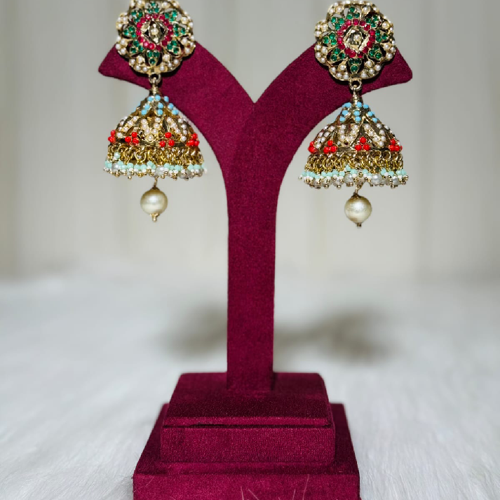 Multicolour Kundan Jhumka Earrings with Pearl Drop