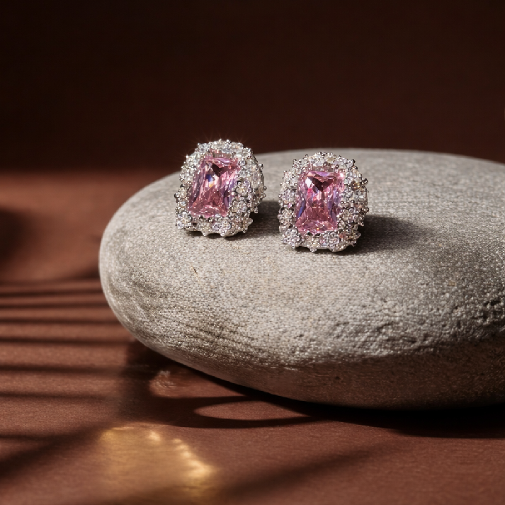 Blush Pink CZ Halo Stud Earrings