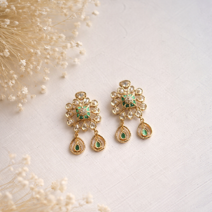 Emerald Bloom  Polki Drop Earrings