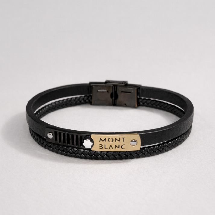 Minimal Black Leather Nameplate Men's Bracelet