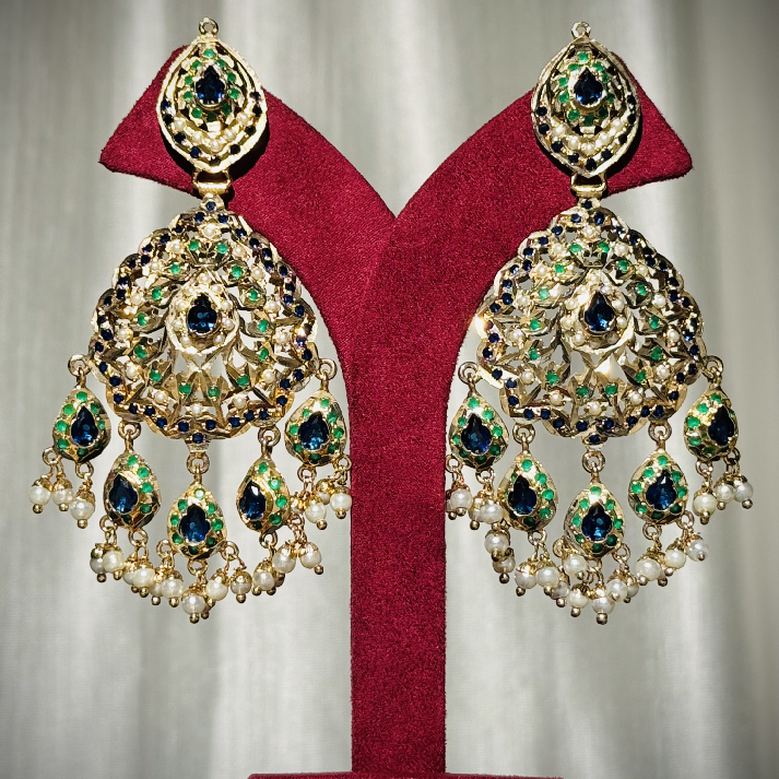 Royal Kundan Chandbali Earrings with Emerald & Blue Stones and Pearl Drops