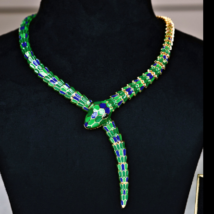 Blue and Green Enameled Snake Necklace & Earring Set