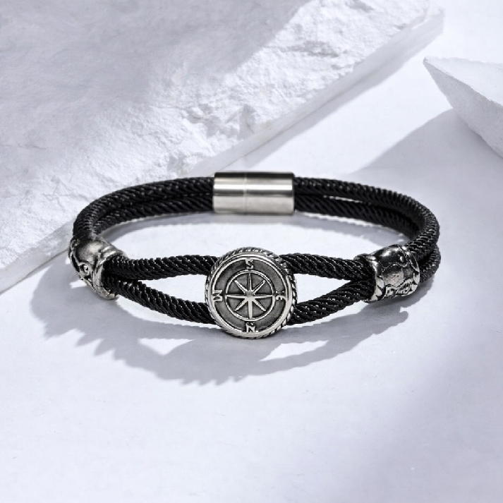 Compass Charm Black Rope Bracelet for Men 🧭🖤