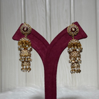 Elegant Gold-Tone Kundan Jhumka Earrings with Pearl Drop Detailing