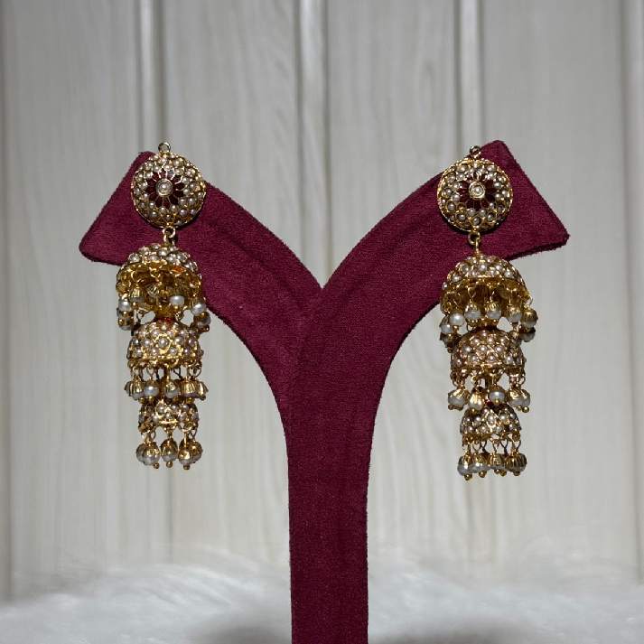 Elegant Gold-Tone Kundan Jhumka Earrings with Pearl Drop Detailing