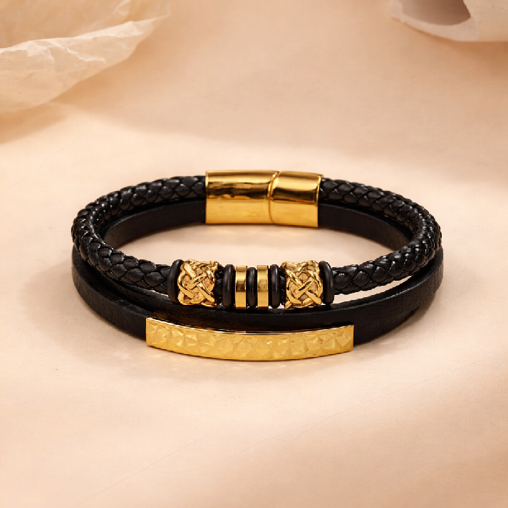 Black Braided Leather Gold Detail Men's Bracelet