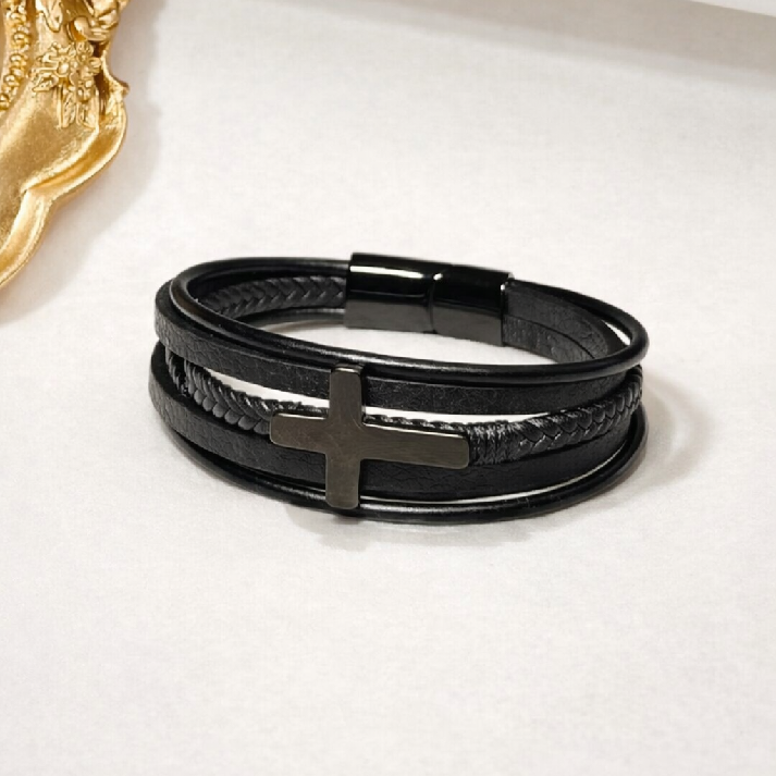 Stylish Cross Black Leather Bracelet for Men ✝️🖤