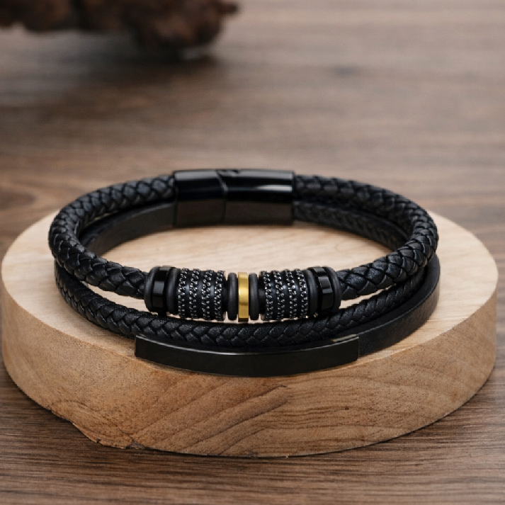 Classic Black Leather & Gold Accent Men's Bracelet