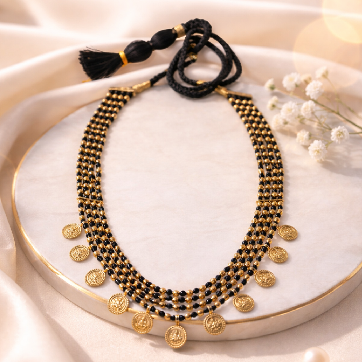 Noore Classic Black Beaded Coin Necklace