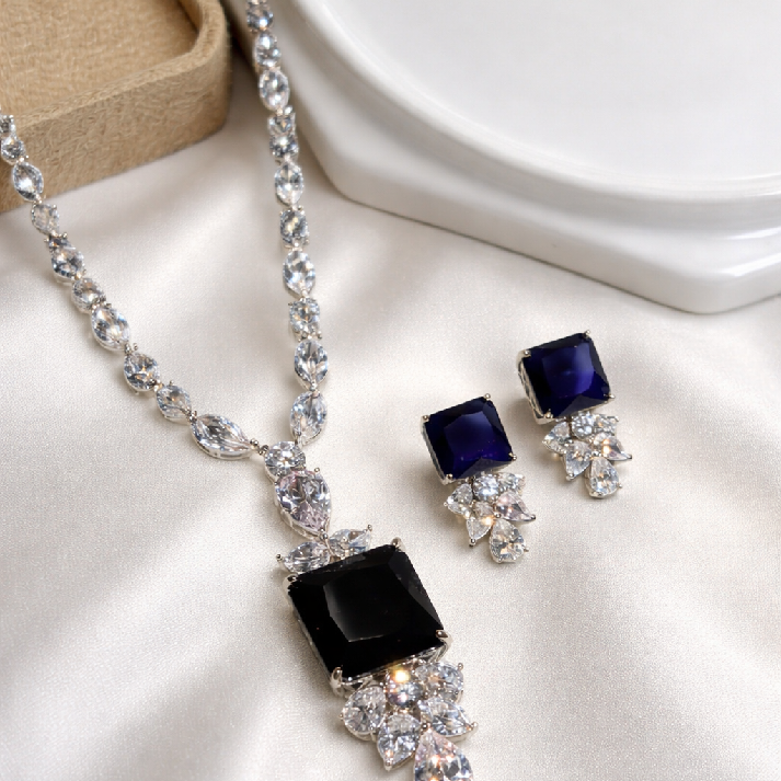 Noore Midnight Sapphire CZ Long Necklace Set