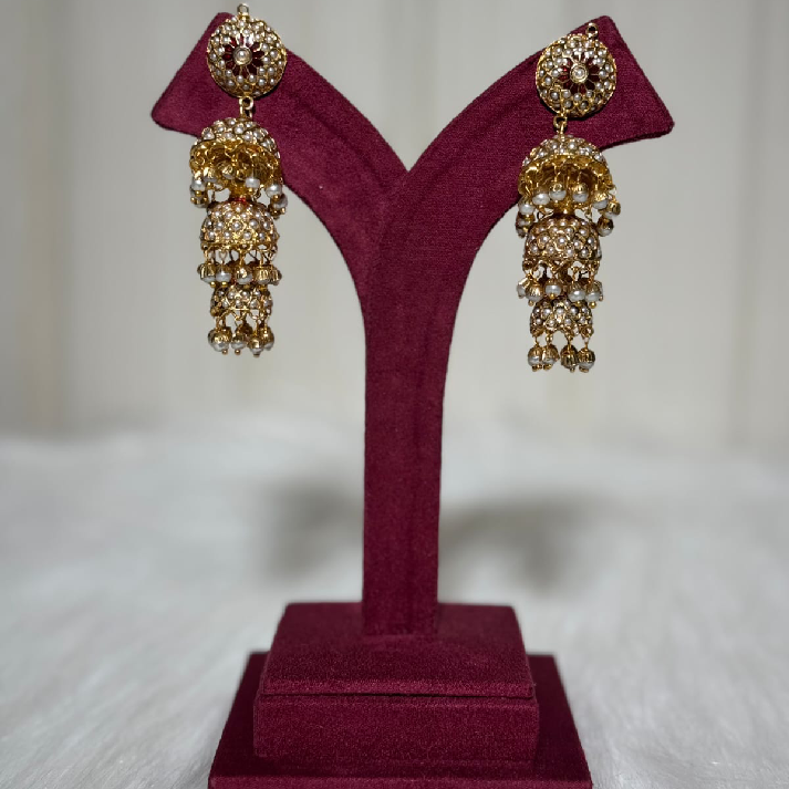 Elegant Gold-Tone Kundan Jhumka Earrings with Pearl Drop Detailing
