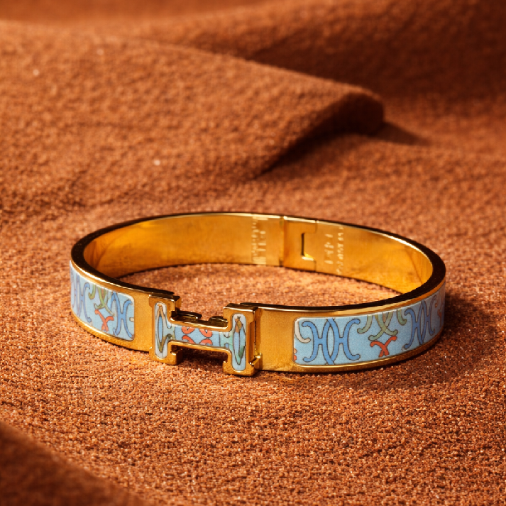Elegant Gold Blue Enamel Pattern Bangle Bracelet