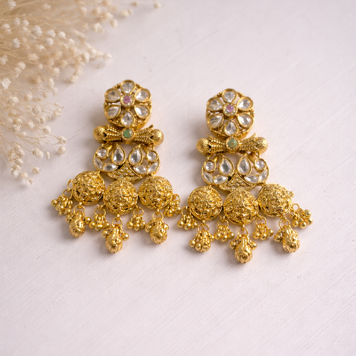 Royal Gold Polki Chandbali Dangler Earrings