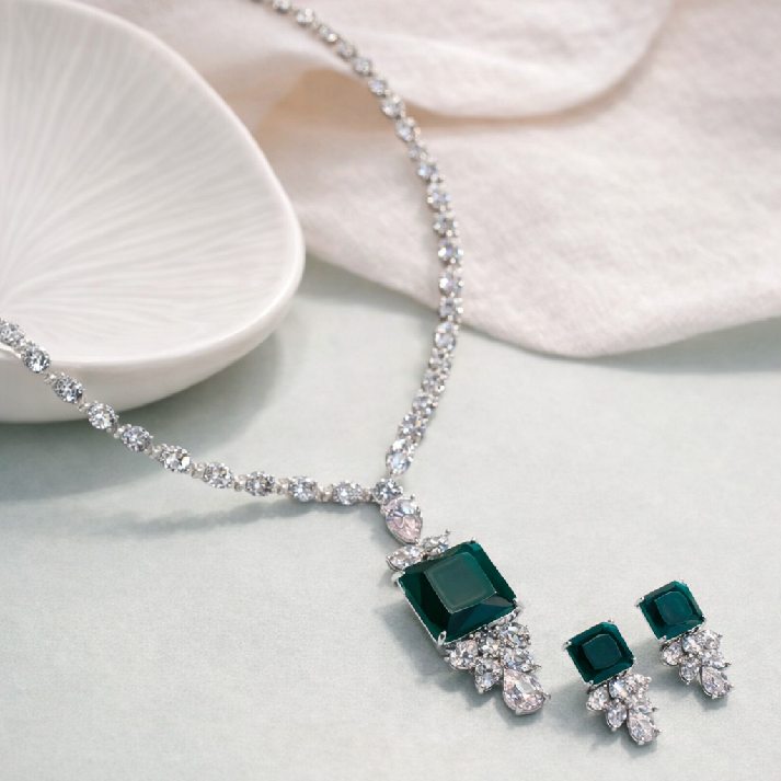 Noore Emerald CZ Long Necklace Set