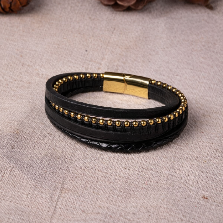 Black Leather Gold Bead Men's Bracelet