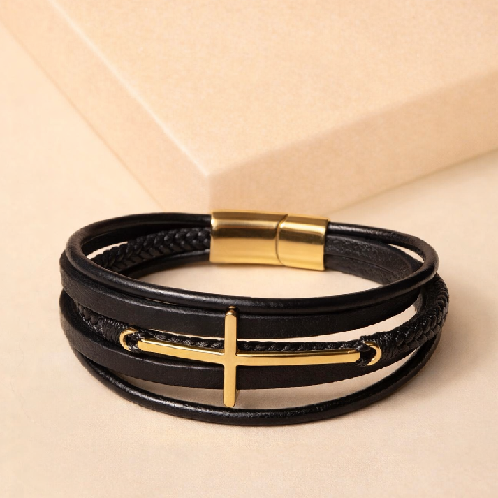 Cross Charm Black Leather Men's Bracelet