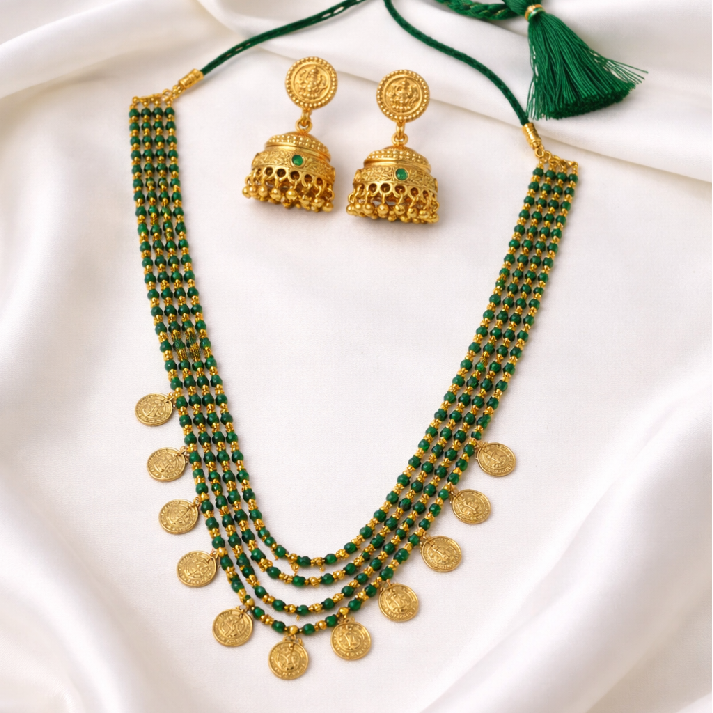 Noore Emerald Beaded Coin Necklace Set