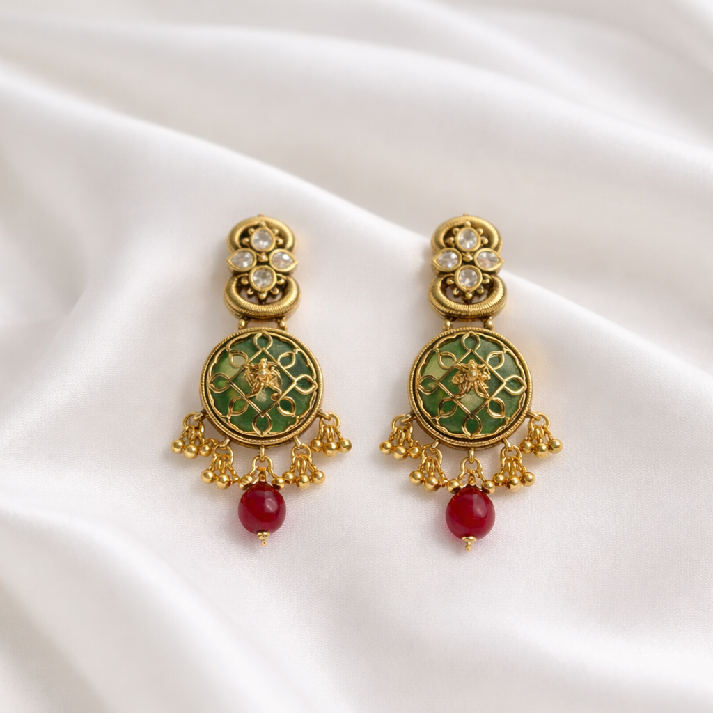 Emerald Green Meenakari Polki Dangler Earrings