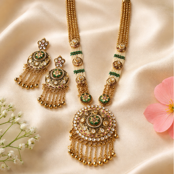 Royal Emerald Polki Pendant Necklace Set by Noore by Neetu Kaushal