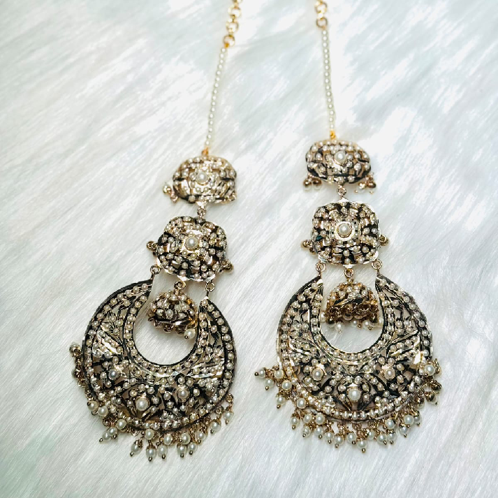 Ivory Pearl Kundan Chandbali Earrings with Intricate Jali Work