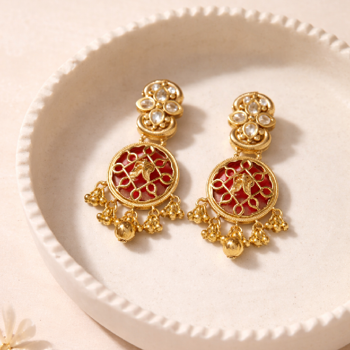 Royal Red Meenakari Polki Dangler Earrings