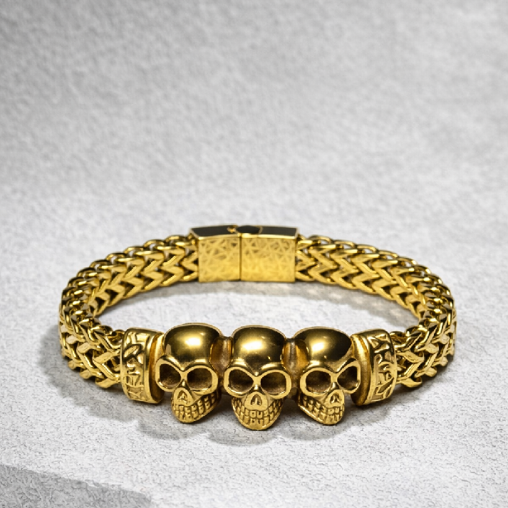Noore by Neetu Kaushal Gold-Tone Triple Skull Men’s Bracelet – Bold Statement Design
